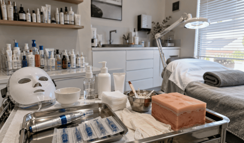 Professional skincare clinic with microneedling tools, LED mask and treatment bed.