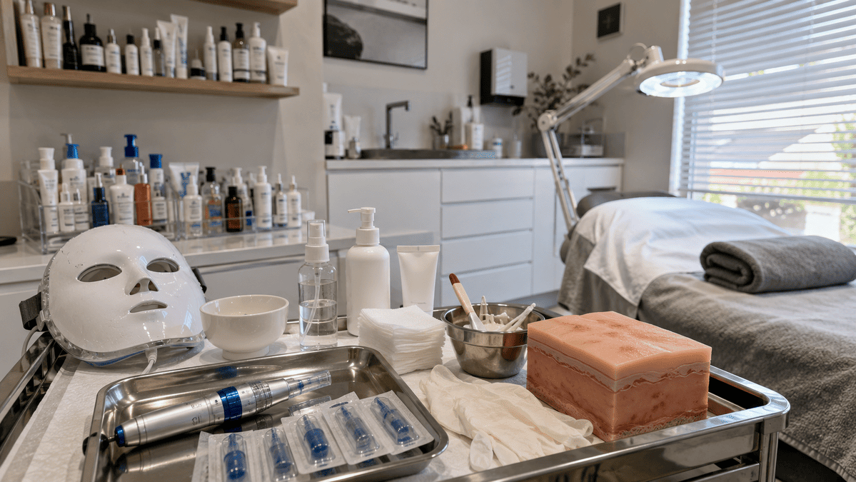 Professional skincare clinic with microneedling tools, LED mask and treatment bed.