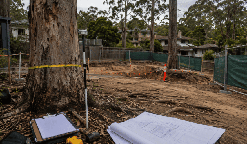 Arborist assessment equipment beside mature trees at an Australian residential development site before council approval.