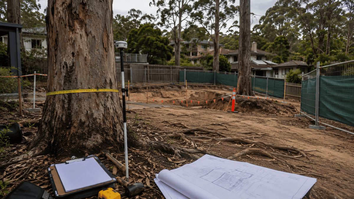 Arborist assessment equipment beside mature trees at an Australian residential development site before council approval.