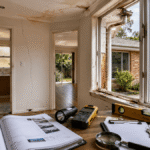 Professional building inspection scene showing inspection tools and subtle signs of structural and moisture issues inside an Australian home before purchase.
