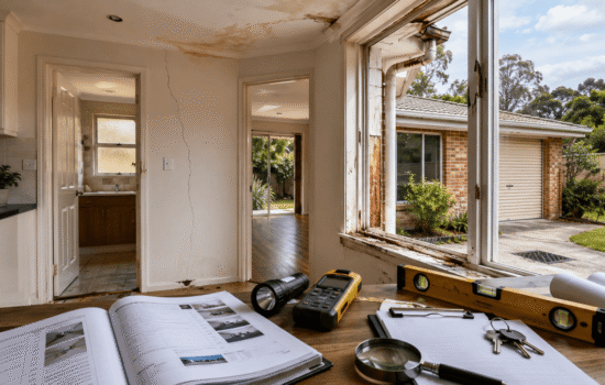 Professional building inspection scene showing inspection tools and subtle signs of structural and moisture issues inside an Australian home before purchase.