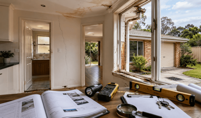 Professional building inspection scene showing inspection tools and subtle signs of structural and moisture issues inside an Australian home before purchase.
