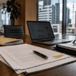 Modern Australian boardroom with business contracts, legal documents, and a laptop, symbolizing proactive commercial legal support for business growth.