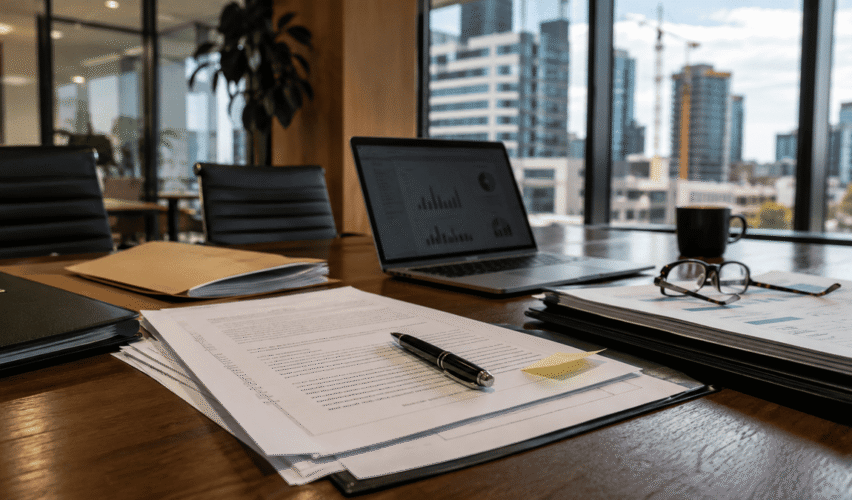 Modern Australian boardroom with business contracts, legal documents, and a laptop, symbolizing proactive commercial legal support for business growth.