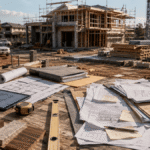 Editorial-style photo of an Australian residential construction site with building plans, tools, and a partially completed home, illustrating the comparison between design and build and traditional construction methods.