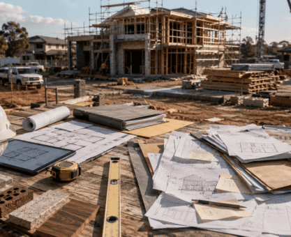 Editorial-style photo of an Australian residential construction site with building plans, tools, and a partially completed home, illustrating the comparison between design and build and traditional construction methods.