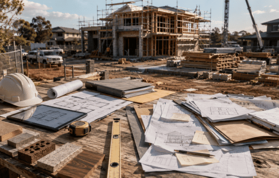 Editorial-style photo of an Australian residential construction site with building plans, tools, and a partially completed home, illustrating the comparison between design and build and traditional construction methods.