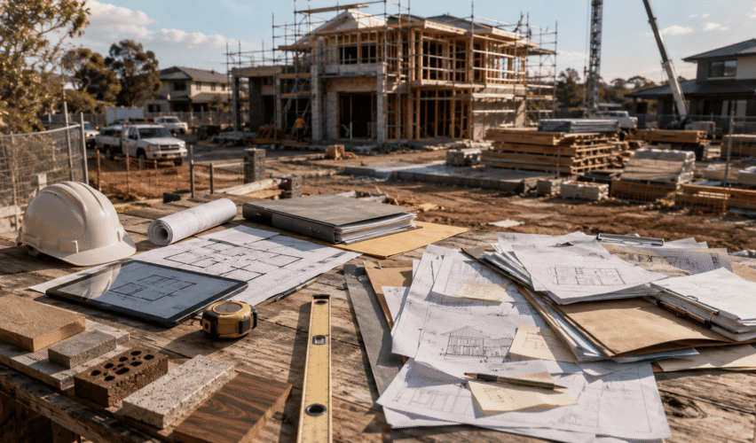 Editorial-style photo of an Australian residential construction site with building plans, tools, and a partially completed home, illustrating the comparison between design and build and traditional construction methods.