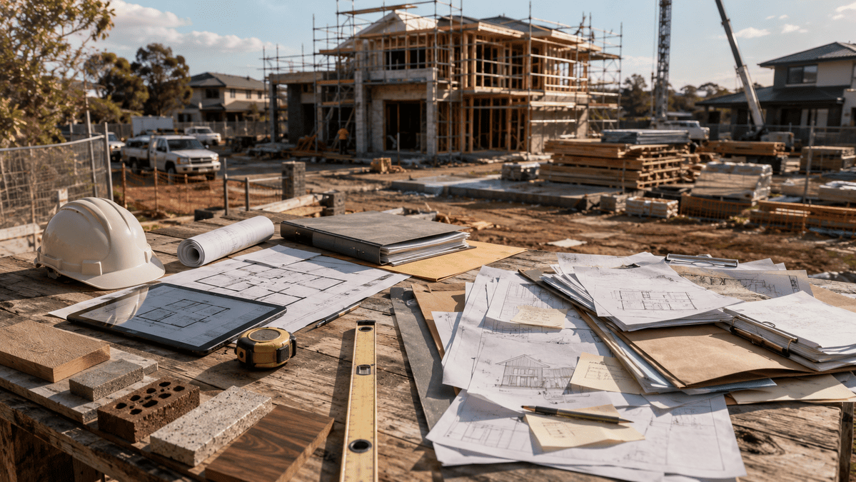 Editorial-style photo of an Australian residential construction site with building plans, tools, and a partially completed home, illustrating the comparison between design and build and traditional construction methods.