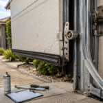 Close-up of a residential garage door with visible rollers, tracks, and maintenance tools, highlighting routine servicing to prevent costly repairs.