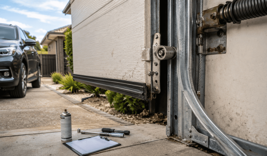Close-up of a residential garage door with visible rollers, tracks, and maintenance tools, highlighting routine servicing to prevent costly repairs.