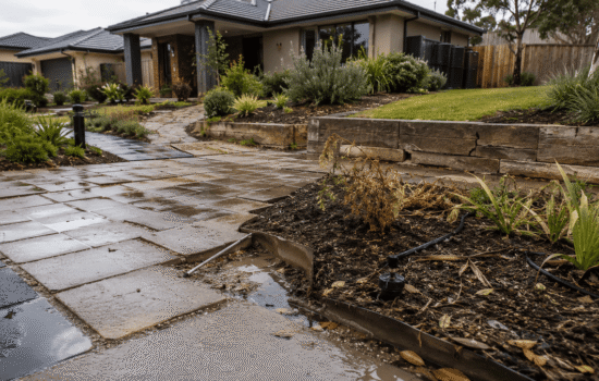 Residential front yard with poor drainage, uneven paving, and stressed plants highlighting the hidden long-term costs of poor landscaping.