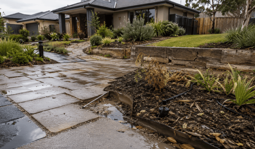 Residential front yard with poor drainage, uneven paving, and stressed plants highlighting the hidden long-term costs of poor landscaping.