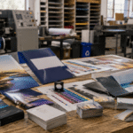 Premium commercial printing workspace showing high-quality brochures, business cards, colour proofs, and professional printing equipment contrasted with poor-quality printed materials.