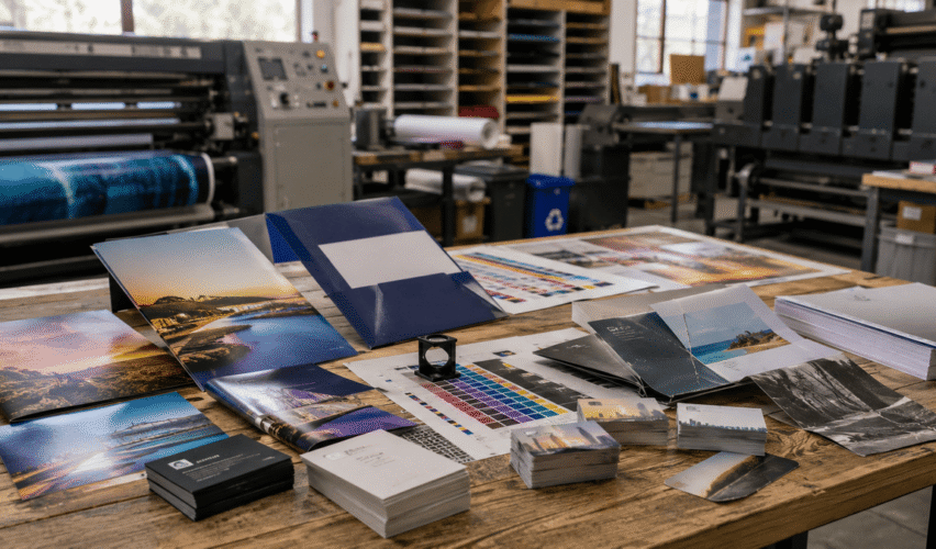 Premium commercial printing workspace showing high-quality brochures, business cards, colour proofs, and professional printing equipment contrasted with poor-quality printed materials.