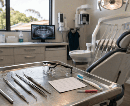 Modern Australian dental clinic with instruments prepared for a routine check-up.