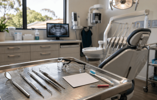 Modern Australian dental clinic with instruments prepared for a routine check-up.