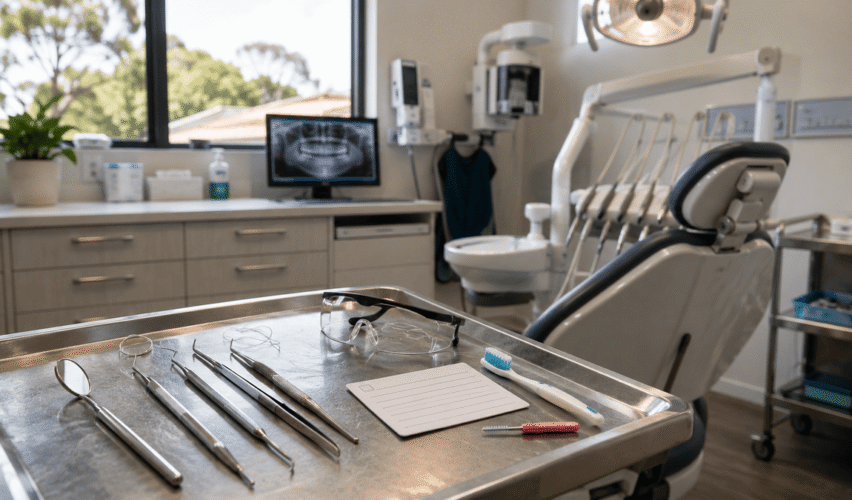 Modern Australian dental clinic with instruments prepared for a routine check-up.