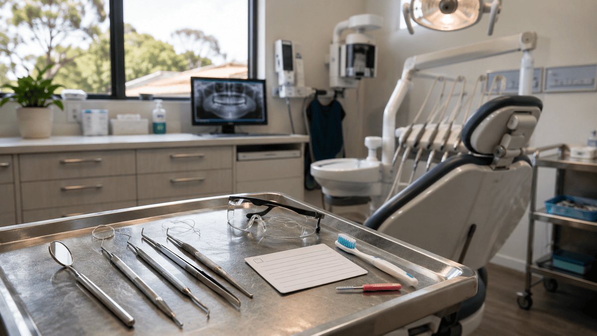 Modern Australian dental clinic with instruments prepared for a routine check-up.