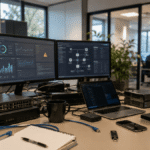 Modern business IT workspace with networking equipment, dual monitors, server rack, and office environment representing proactive managed IT services and cybersecurity.