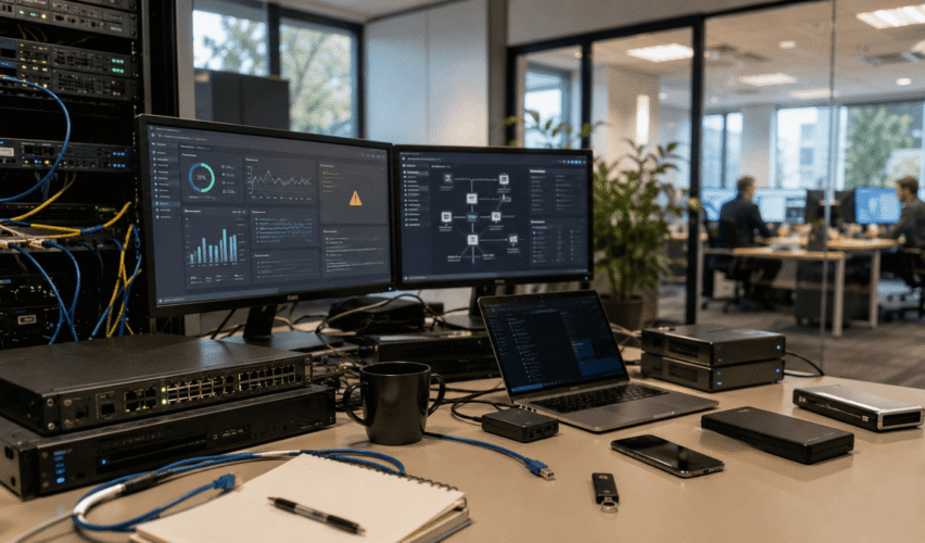 Modern business IT workspace with networking equipment, dual monitors, server rack, and office environment representing proactive managed IT services and cybersecurity.