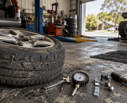 Worn tyre with a visible puncture beside inspection tools inside an Australian tyre workshop.