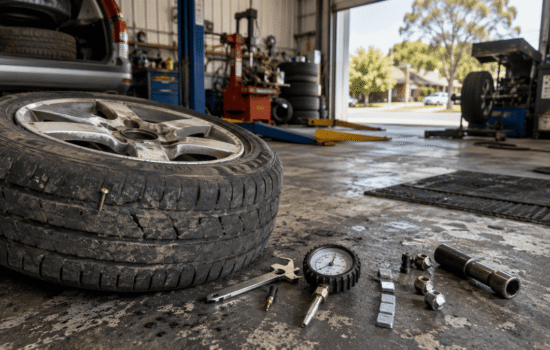 Worn tyre with a visible puncture beside inspection tools inside an Australian tyre workshop.