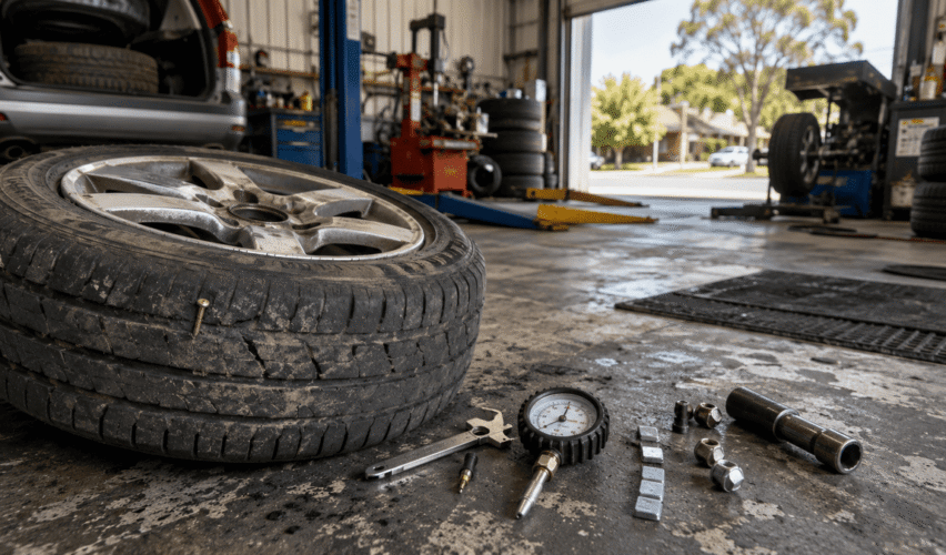 Worn tyre with a visible puncture beside inspection tools inside an Australian tyre workshop.