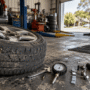 What to Expect When Visiting a Tyre Shop Worn tyre with a visible puncture beside inspection tools inside an Australian tyre workshop.