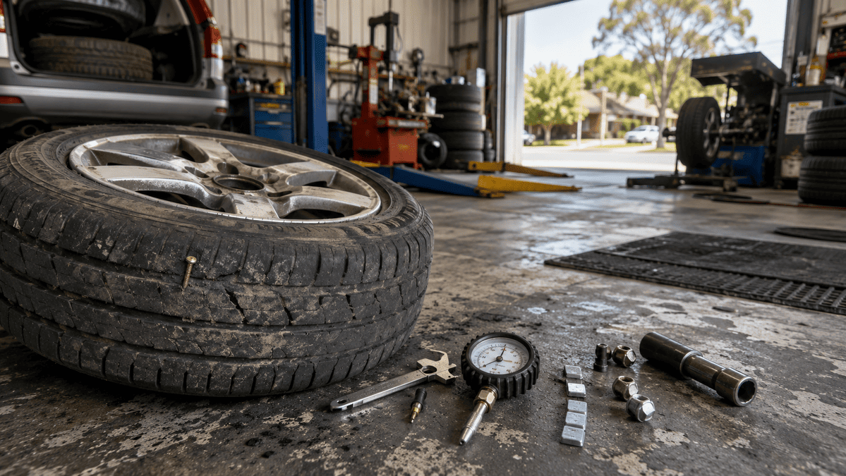 Worn tyre with a visible puncture beside inspection tools inside an Australian tyre workshop.