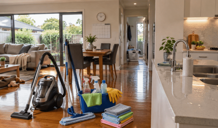 Professional house cleaning equipment in a modern Australian home, illustrating the time-saving benefits of professional cleaning services versus DIY cleaning.