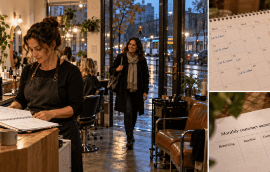 Salon owner reviewing customer appointments and retention records.