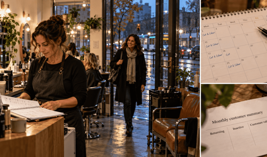 Salon owner reviewing customer appointments and retention records.