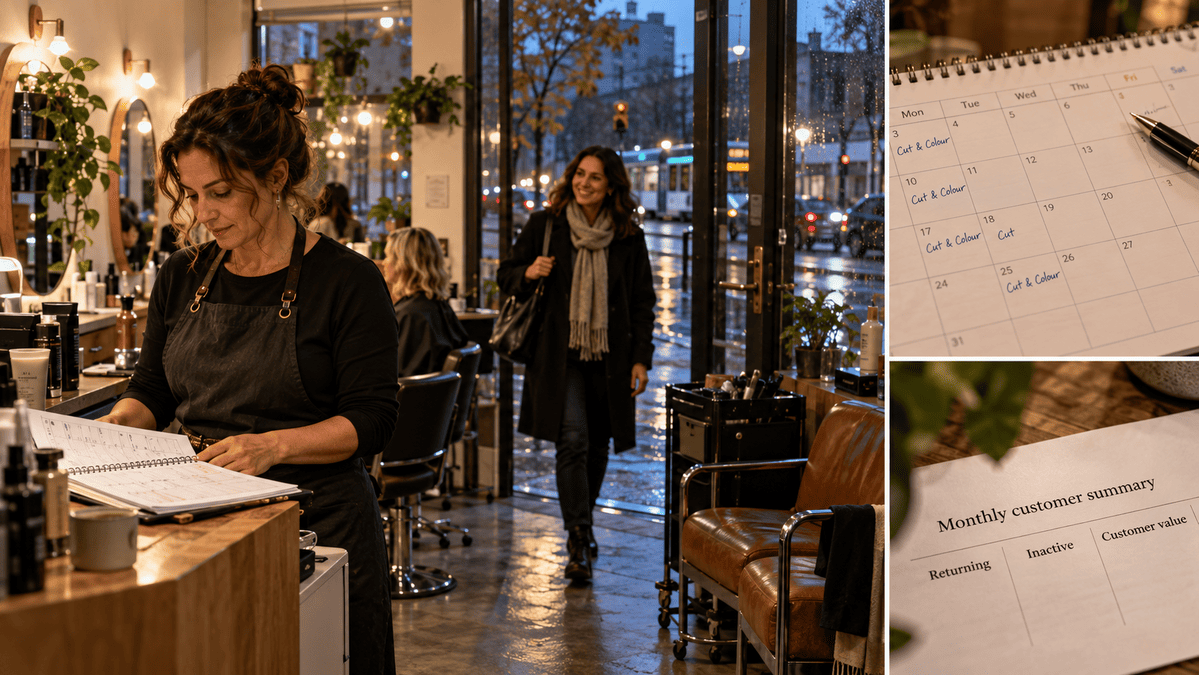 Salon owner reviewing customer appointments and retention records.