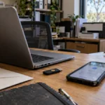 Laptop, smartphone and security key on a small business office desk.