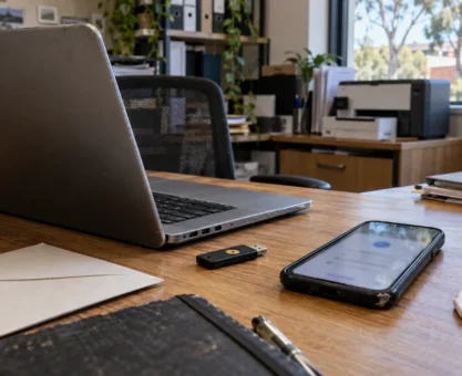 Laptop, smartphone and security key on a small business office desk.
