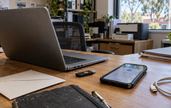 Laptop, smartphone and security key on a small business office desk.