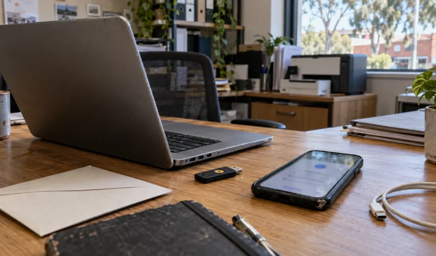 Laptop, smartphone and security key on a small business office desk.