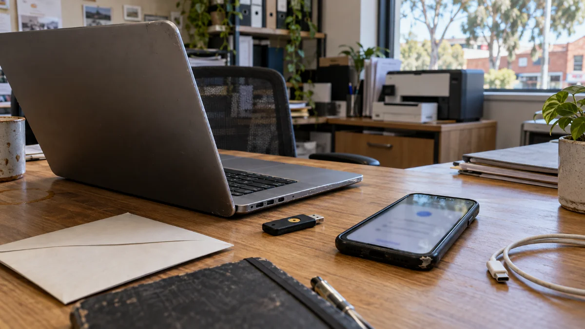 Laptop, smartphone and security key on a small business office desk.