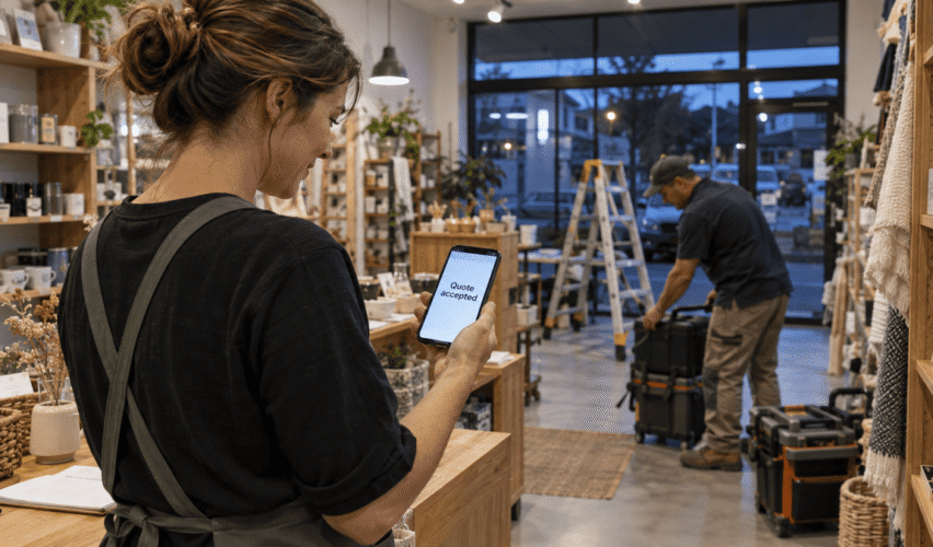 Business owner reviewing an accepted service quote on a smartphone.