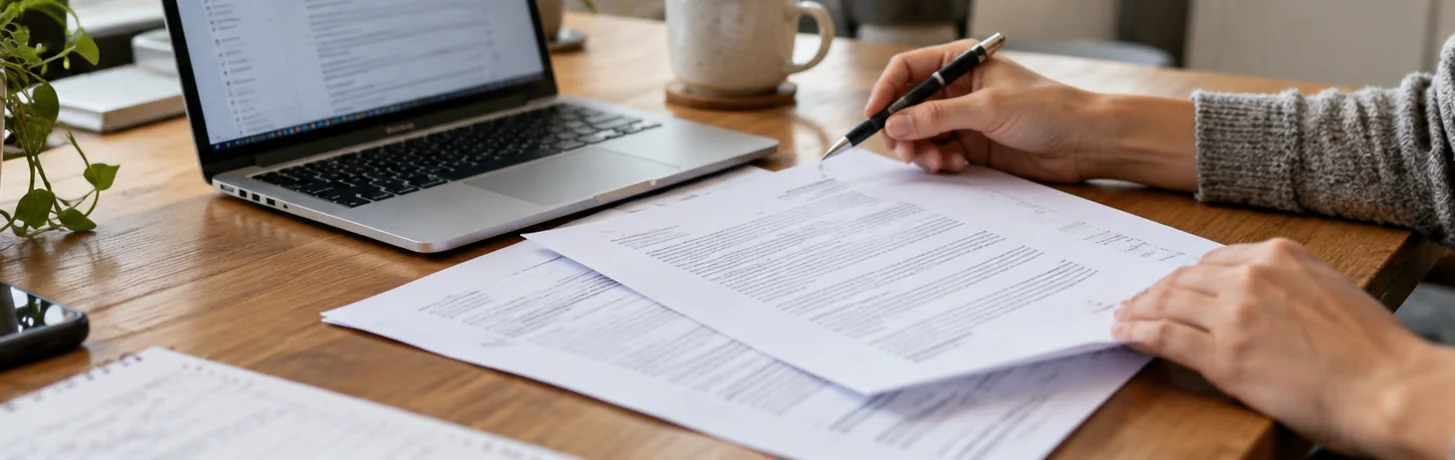 Person comparing contract paperwork with details shown on a laptop