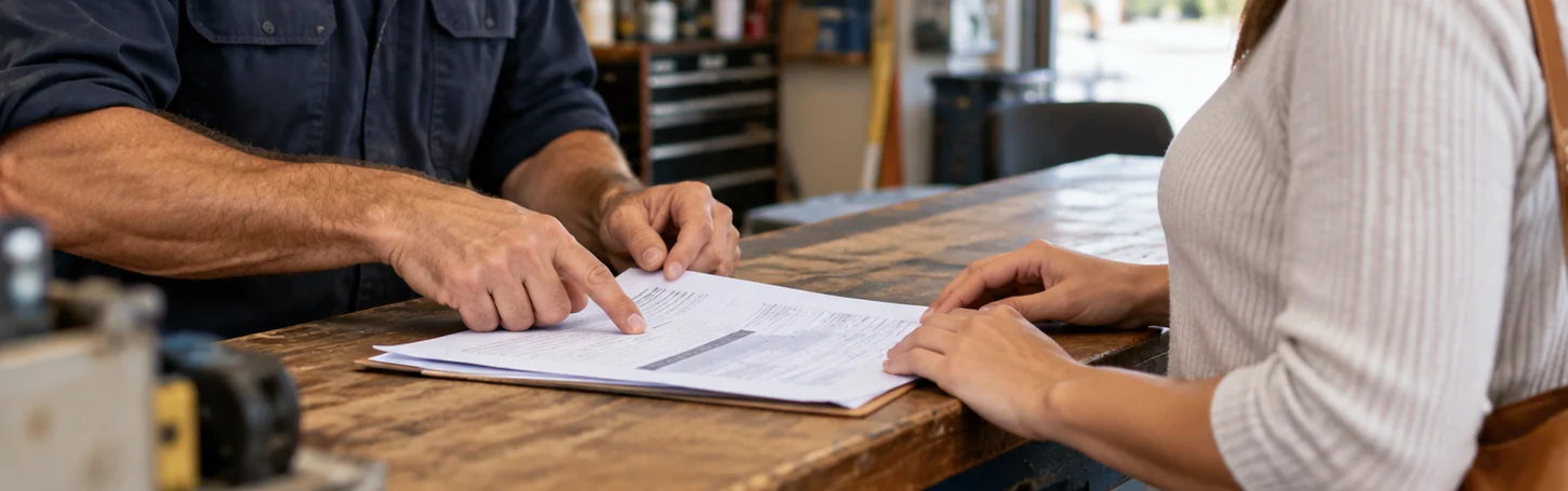 Tradesperson and customer reviewing the terms of a written quote at a workshop counter