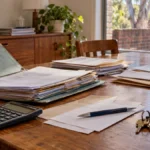 Estate paperwork, calculator and house keys on a timber dining table.
