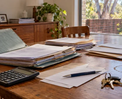 Estate paperwork, calculator and house keys on a timber dining table.