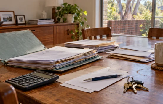 Estate paperwork, calculator and house keys on a timber dining table.