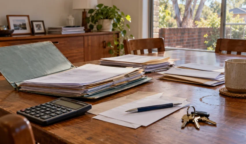 Estate paperwork, calculator and house keys on a timber dining table.