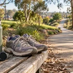 Walking shoes, fitness watch and water bottle on a bench beside a park path.