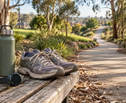 Walking shoes, fitness watch and water bottle on a bench beside a park path.