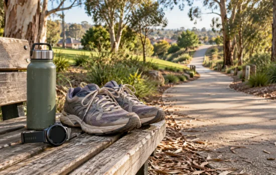 Walking shoes, fitness watch and water bottle on a bench beside a park path.